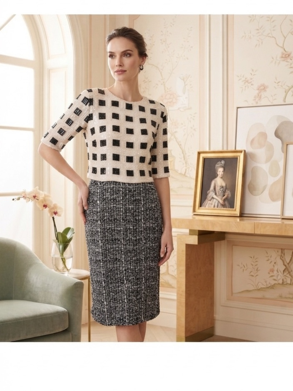 St. John black white sequin tweed dress